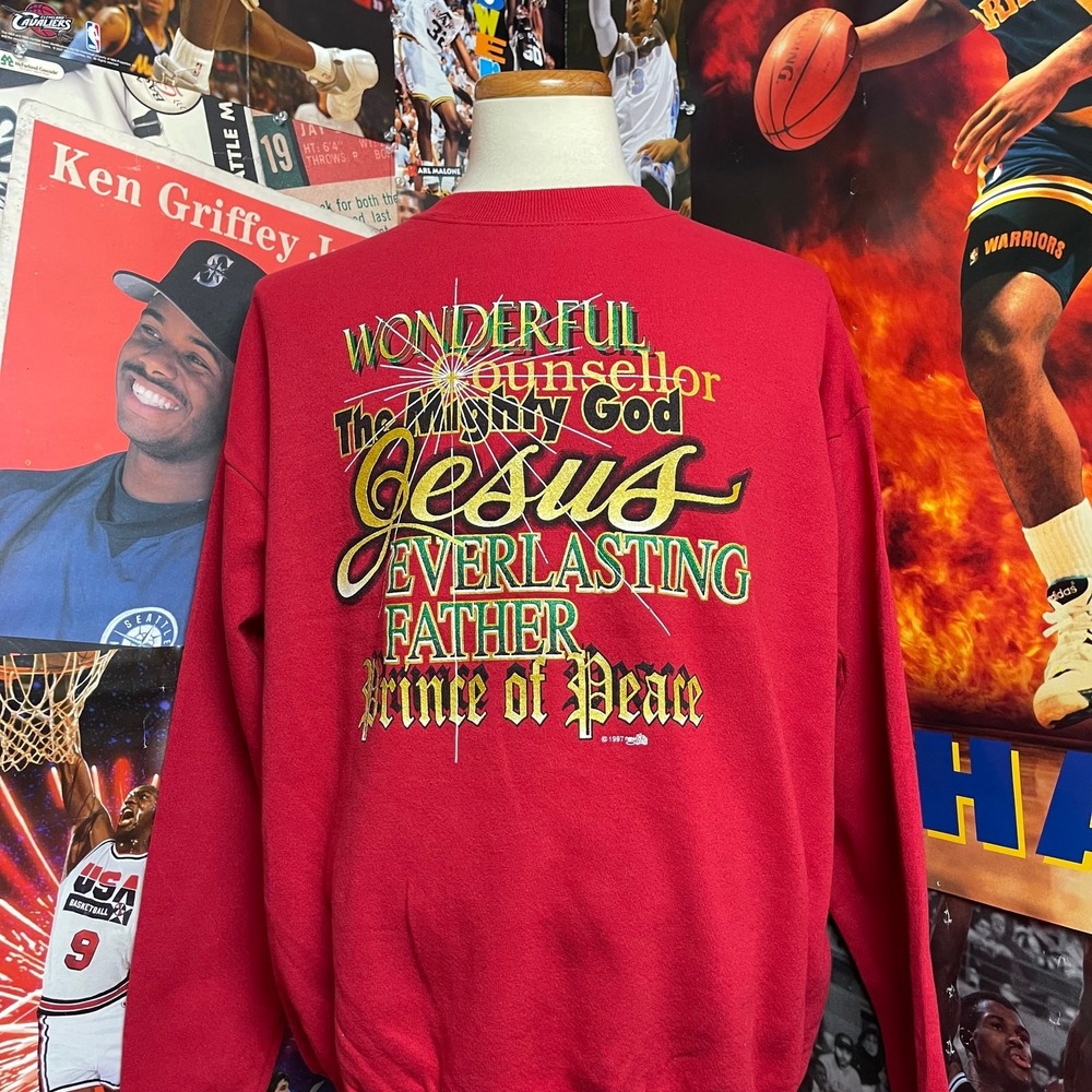 Vintage 90s The Mighty God Jesus Crewneck Sweatshirt Red USA Sz XL